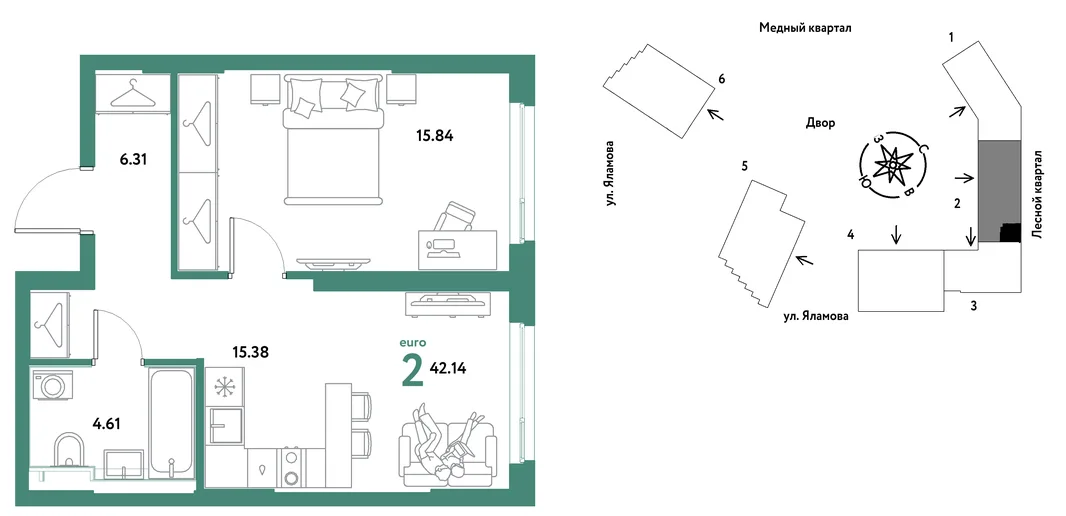 Планировка 2-комн. квартира, 42.14 м² ЖК «Сибирский сад»
