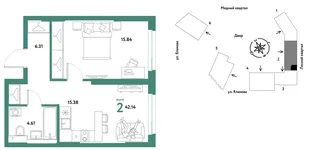 Планировка 2-комн. квартира, 42.14 м² ЖК «Сибирский сад»