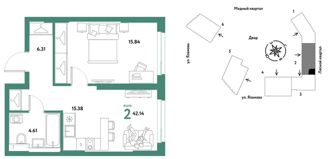 Планировка 2-комн. квартира, 42.14 м² ЖК «Сибирский сад» Планировка 2-комн. квартира, 42.14 м² ЖК «Сибирский сад»