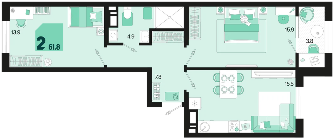 Планировка 2-комн. квартира, 61.8 м² ЖК «Первое место»