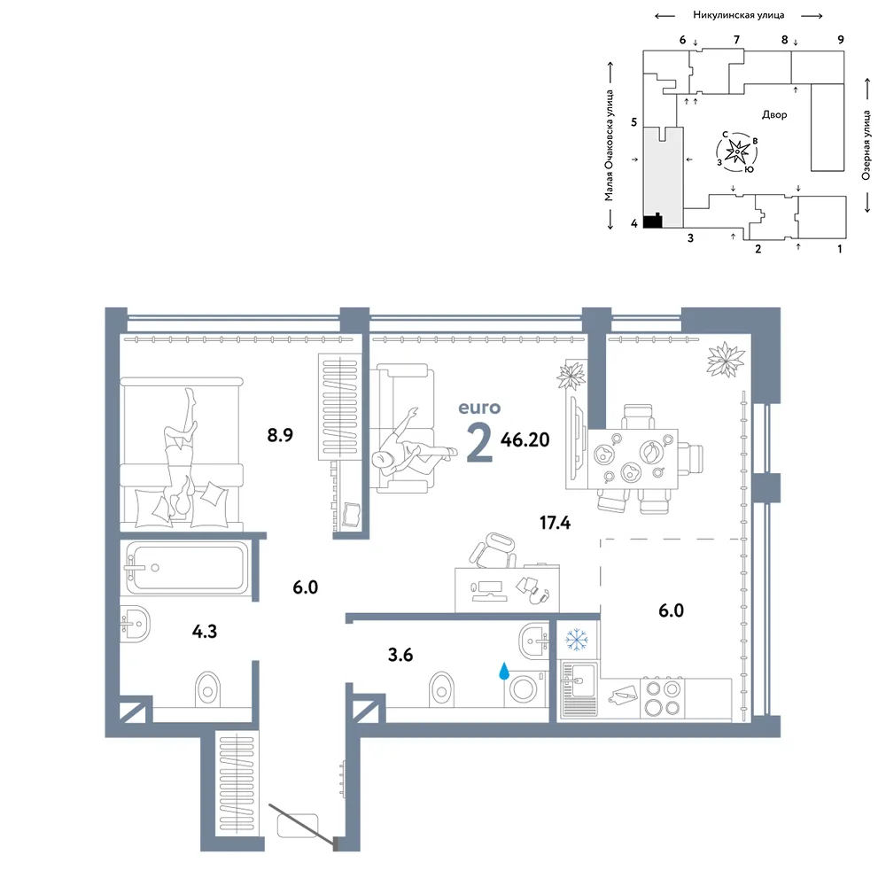 Планировка 2-комн. квартира, 46.2 м² ЖК «Страна.Озёрная»