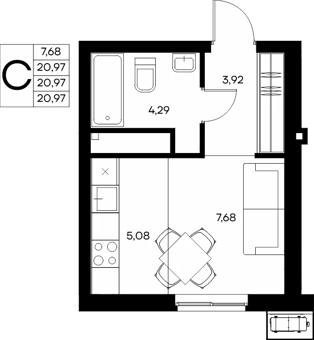 Планировка Студия, 21.79 м² ЖК «Прибрежный дом»