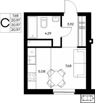 Планировка Студия, 21.79 м² ЖК «Прибрежный дом»