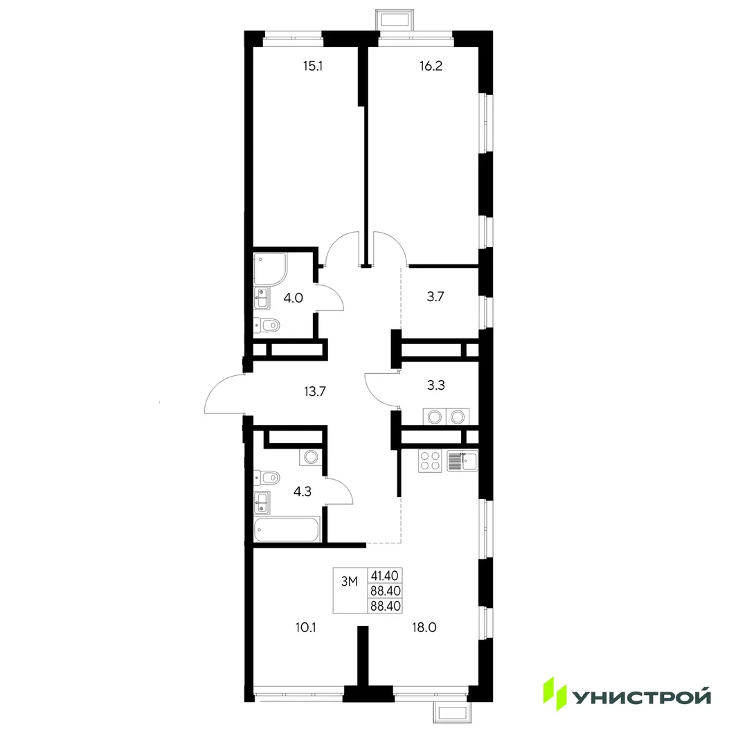 Планировка 3-комн. квартира, 88.4 м² ЖК «Стадиум»