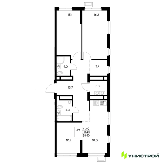 Планировка 3-комн. квартира, 88.4 м² ЖК «Стадиум» Планировка 3-комн. квартира, 88.4 м² ЖК «Стадиум»