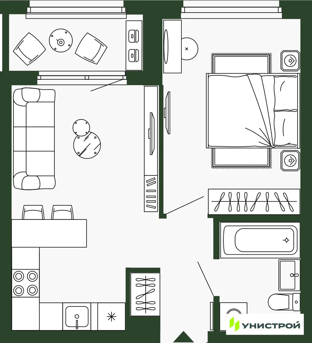Планировка 1-комн. квартира, 38.4 м² ЖК «Парковый квартал 2.0»