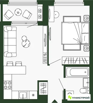 Планировка 1-комн. квартира, 38.4 м² ЖК «Парковый квартал 2.0»