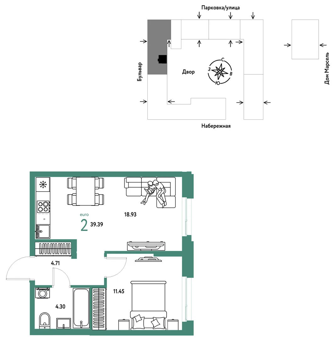 Планировка 2-комн. квартира, 39.39 м² ЖК «Европейский берег 2.0»