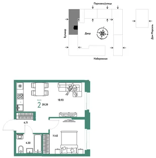 Планировка 2-комн. квартира, 39.39 м² ЖК «Европейский берег 2.0»