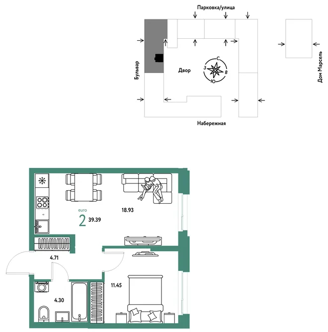 Планировка 2-комн. квартира, 39.39 м² ЖК «Европейский берег 2.0» Планировка 2-комн. квартира, 39.39 м² ЖК «Европейский берег 2.0»