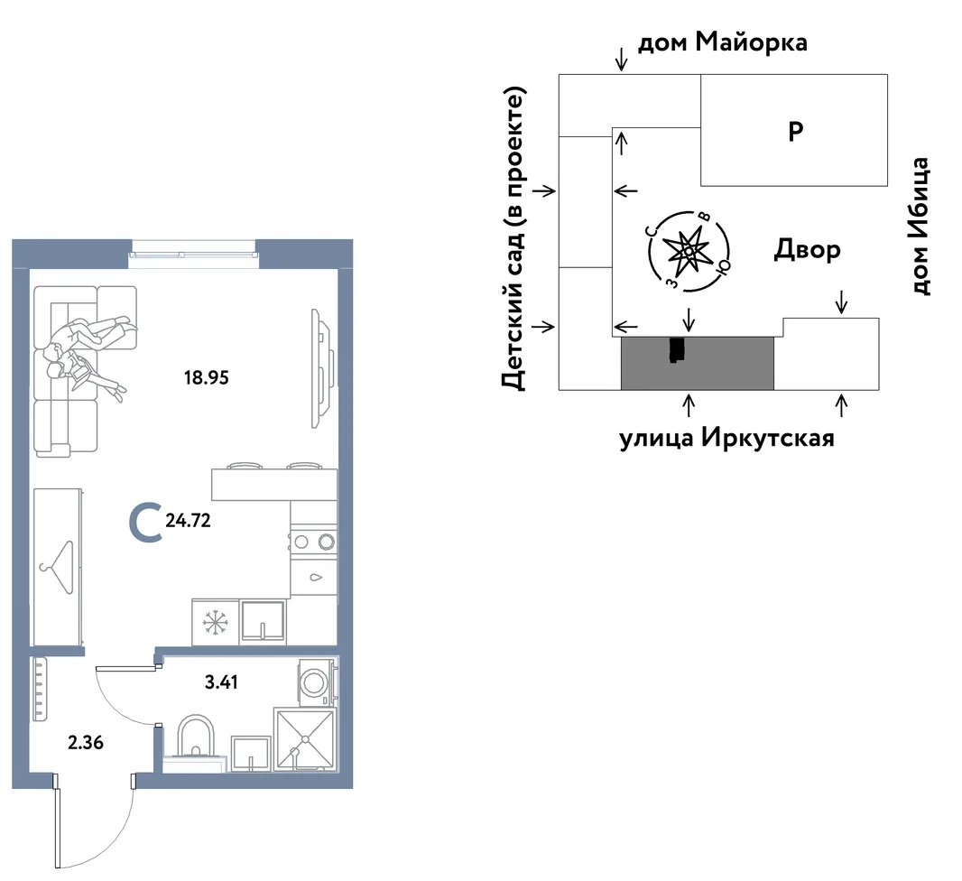 Планировка Студия, 24.72 м² ЖК «Остров-сад»