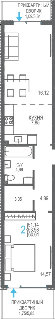 Планировка 2-комн. квартира, 60.61 м² ЖК «Розовое озеро»