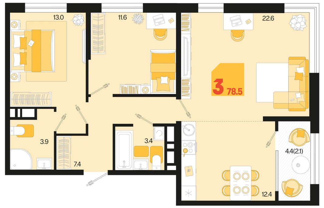 Планировка 3-комн. квартира, 78.5 м² ЖК «Первое место»