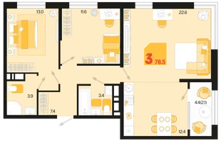 Планировка 3-комн. квартира, 78.5 м² ЖК «Первое место»