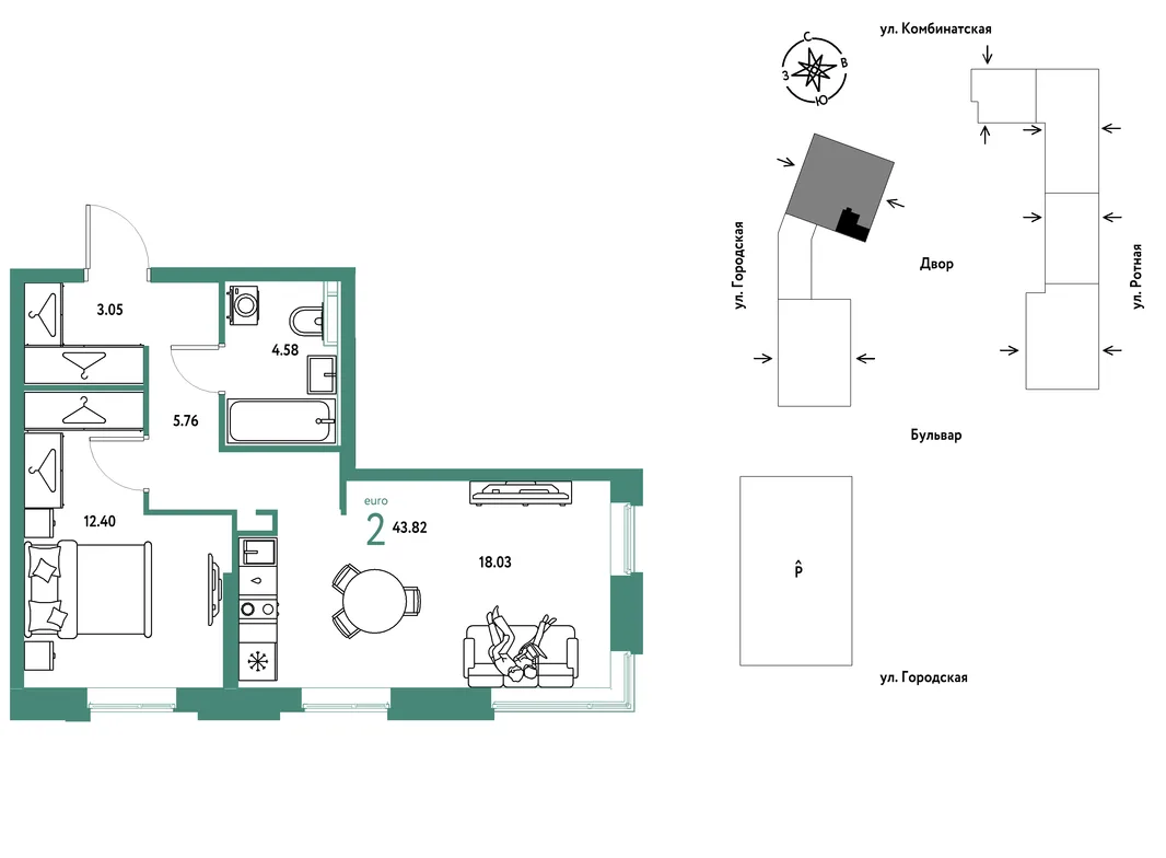 Планировка 2-комн. квартира, 43.82 м² ЖК «Уральский сад»