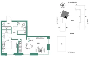 Планировка 2-комн. квартира, 43.82 м² ЖК «Уральский сад»