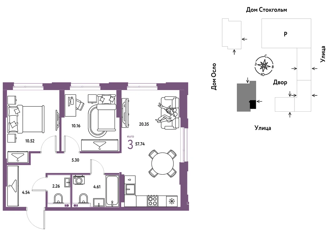 Планировка 3-комн. квартира, 57.74 м² ЖК «Европейский берег 2.0»