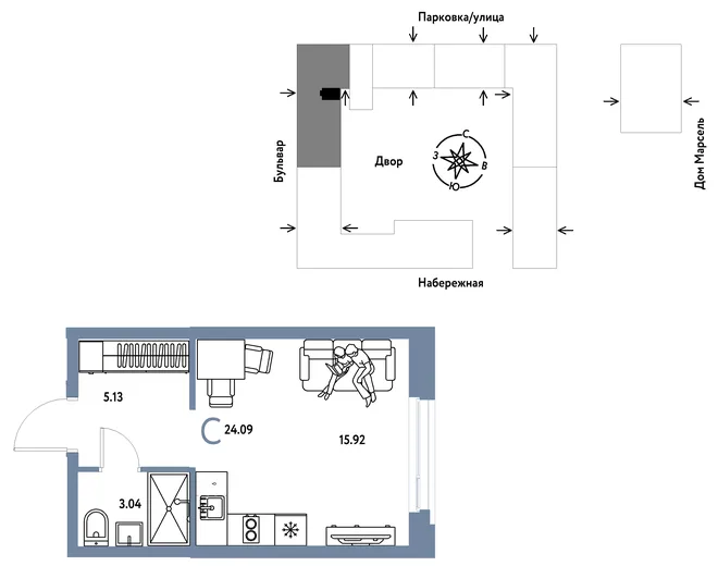 Планировка Студия, 24.09 м² ЖК «Европейский берег 2.0» Планировка Студия, 24.09 м² ЖК «Европейский берег 2.0»