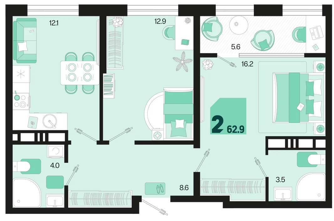 Планировка 2-комн. квартира, 62.9 м² ЖК «Первое место»