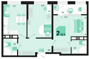 Планировка 2-комн. квартира, 62.9 м² ЖК «Первое место»