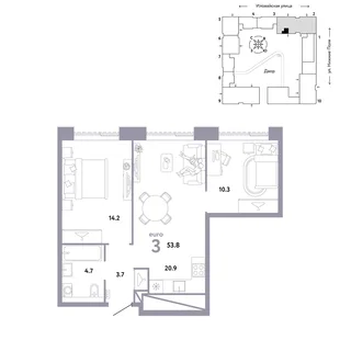 Планировка 3-комн. квартира, 53.8 м² ЖК «Страна.Заречная»