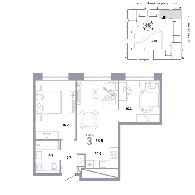 Планировка 3-комн. квартира, 53.8 м² ЖК «Страна.Заречная»
