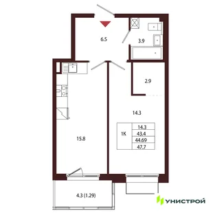 Планировка 1-комн. квартира, 44.69 м² ЖК «Лисино»