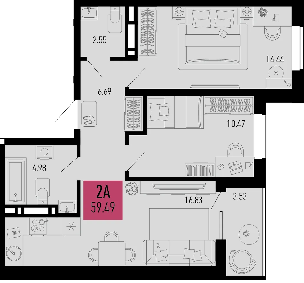 Планировка 2-комн. квартира, 59.49 м² ЖК «Столицыно»