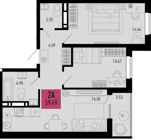 Планировка 2-комн. квартира, 59.49 м² ЖК «Столицыно»