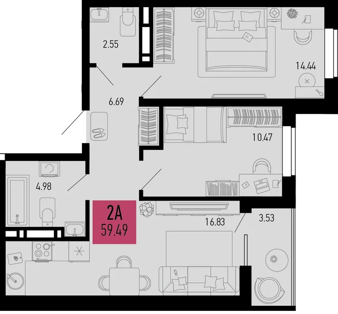 Планировка 2-комн. квартира, 59.49 м² ЖК «Столицыно» Планировка 2-комн. квартира, 59.49 м² ЖК «Столицыно»
