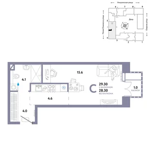 Планировка Студия, 29.3 м² ЖК «Страна.Озёрная»
