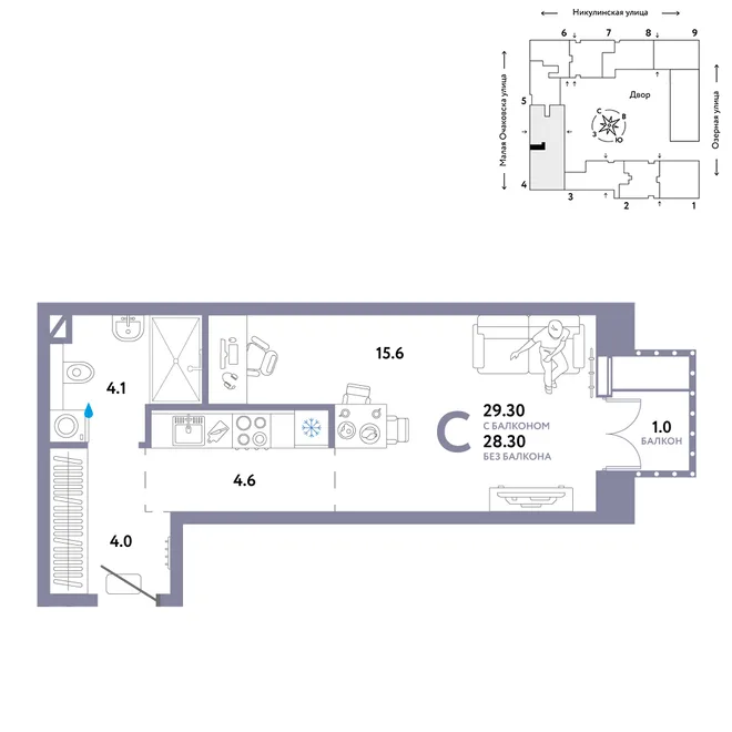 Планировка Студия, 29.3 м² ЖК «Страна.Озёрная» Планировка Студия, 29.3 м² ЖК «Страна.Озёрная»