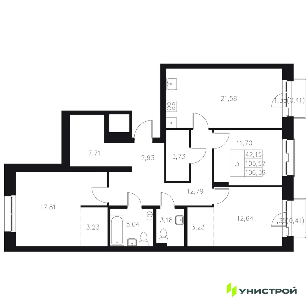 Планировка 3-комн. квартира, 106.39 м² ЖК «Statum»