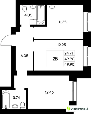 Планировка 2-комн. квартира, 49.9 м² ЖК «Царёво City»