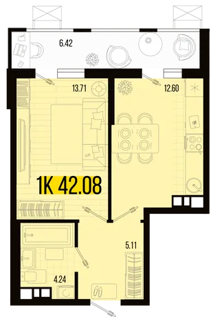 Планировка 1-комн. квартира, 38.87 м² ЖК «Цветной бульвар»