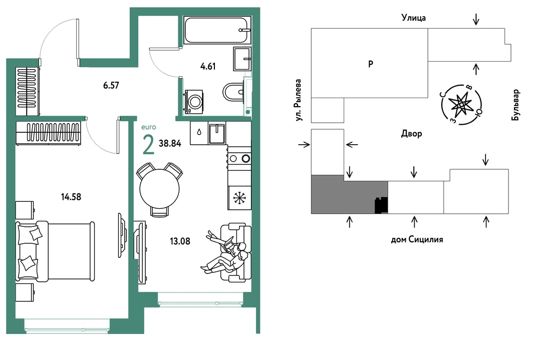 Планировка 2-комн. квартира, 38.84 м² ЖК «Остров-сад»
