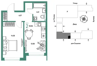 Планировка 2-комн. квартира, 38.84 м² ЖК «Остров-сад»