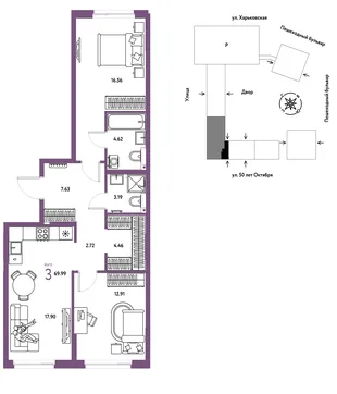 Планировка 3-комн. квартира, 69.99 м² ЖК «Сердце Сибири»