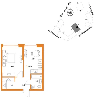 Планировка 1-комн. квартира, 39.26 м² ЖК «Страна.Парковая»