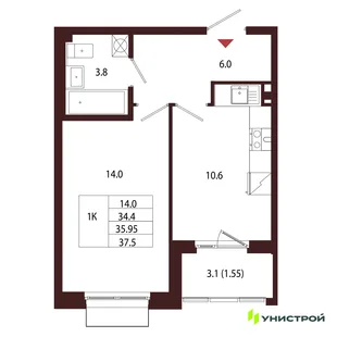 Планировка 1-комн. квартира, 35.95 м² ЖК «Лисино»