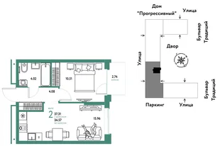 Планировка 2-комн. квартира, 37.31 м² ЖК «Микрорайон Домашний»