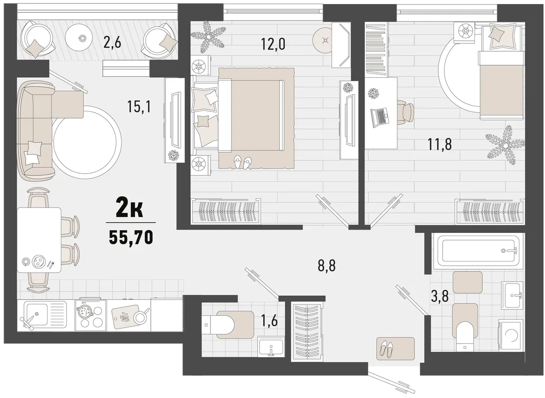 Планировка 2-комн. квартира, 55.7 м² ЖК «Барса»