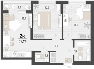 Планировка 2-комн. квартира, 55.7 м² ЖК «Барса»