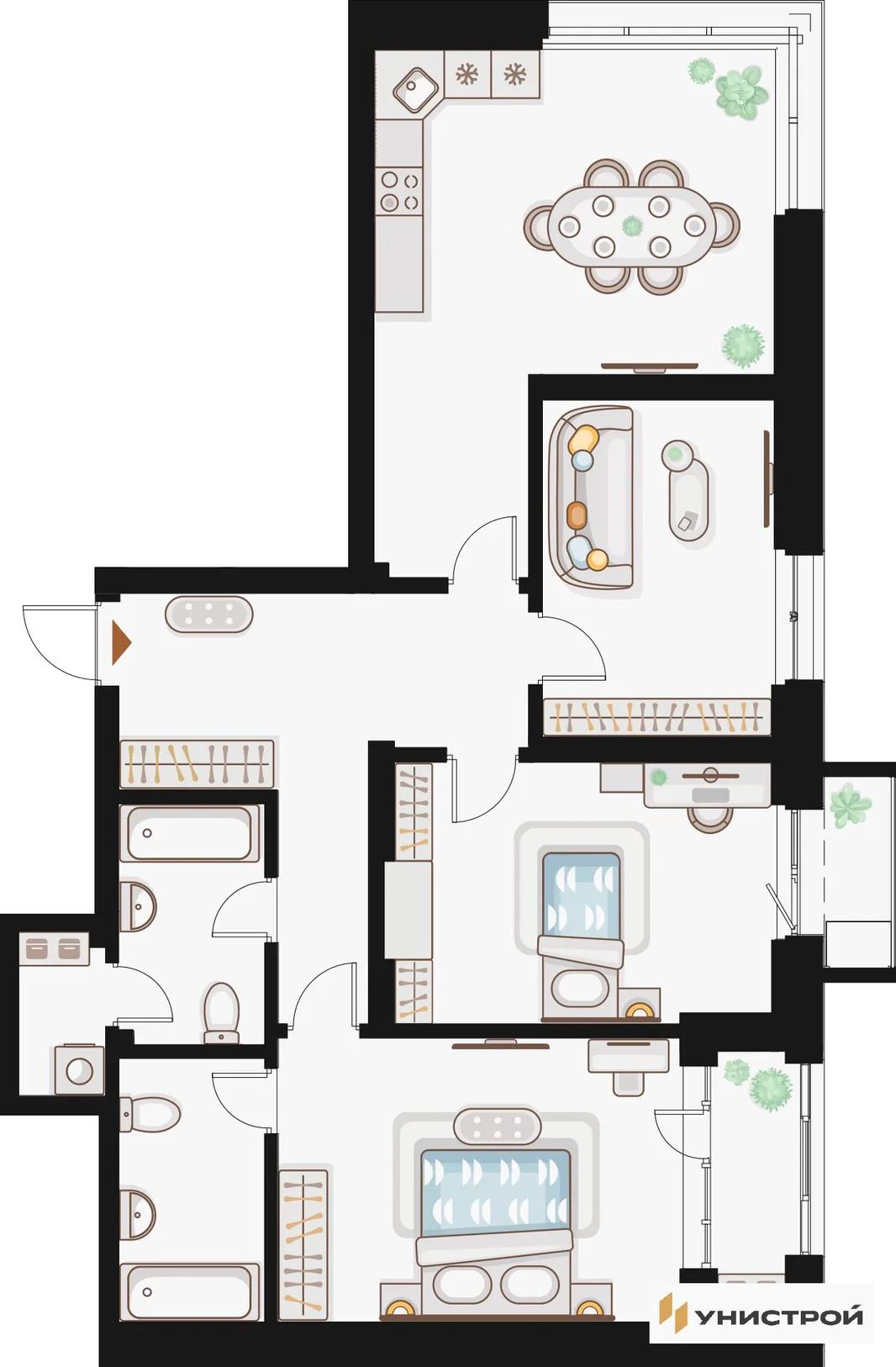 Планировка 3-комн. квартира, 99.83 м² ЖК «Жилой кластер Q на Кулагина»
