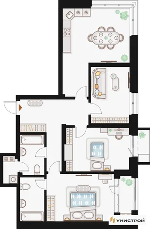Планировка 3-комн. квартира, 99.83 м² ЖК «Жилой кластер Q на Кулагина»
