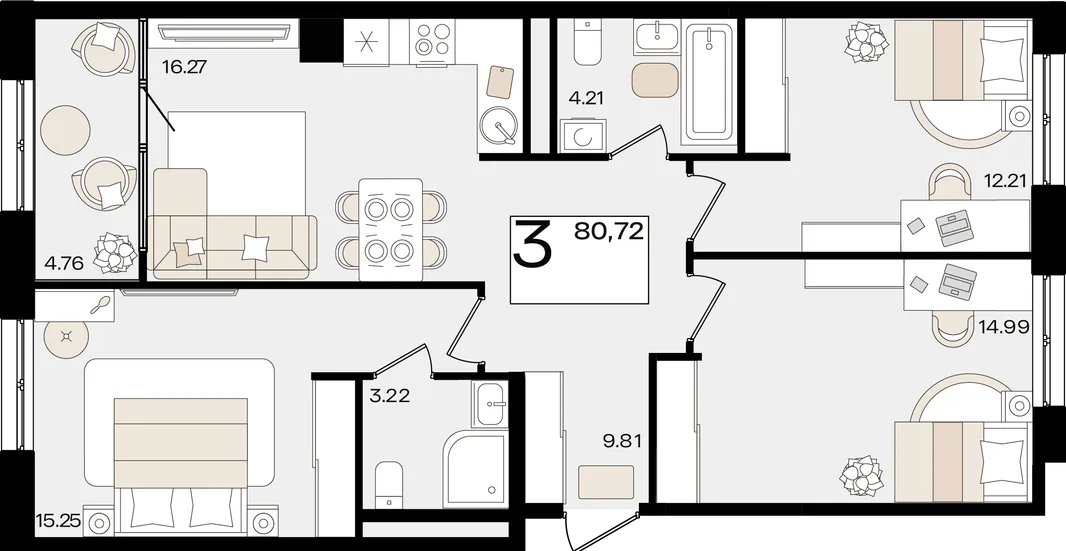 Планировка 3-комн. квартира, 80.63 м² ЖК «Патрики»