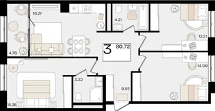 Планировка 3-комн. квартира, 80.63 м² ЖК «Патрики»