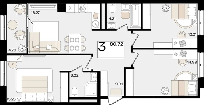 Планировка 3-комн. квартира, 80.63 м² ЖК «Патрики» Планировка 3-комн. квартира, 80.63 м² ЖК «Патрики»
