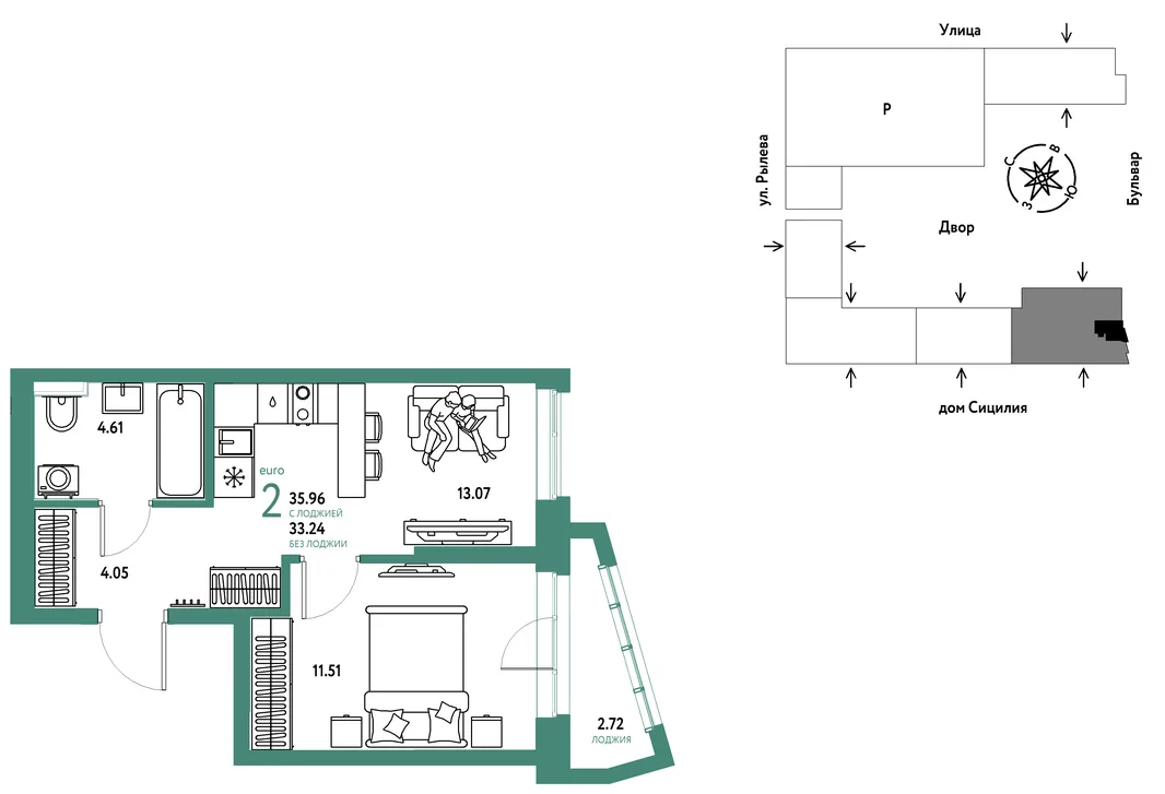 Планировка 2-комн. квартира, 35.96 м² ЖК «Остров-сад»