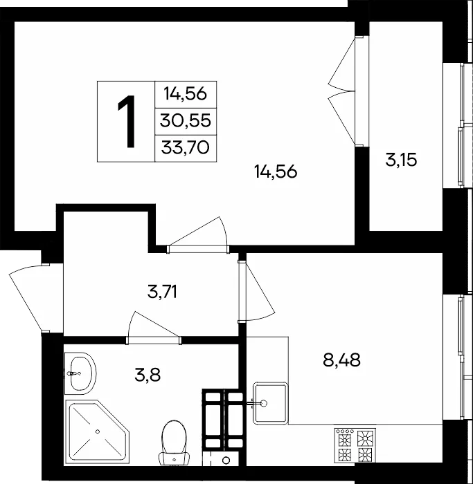 Планировка 1-комн. квартира, 33.7 м² ЖК «Семисчастье»